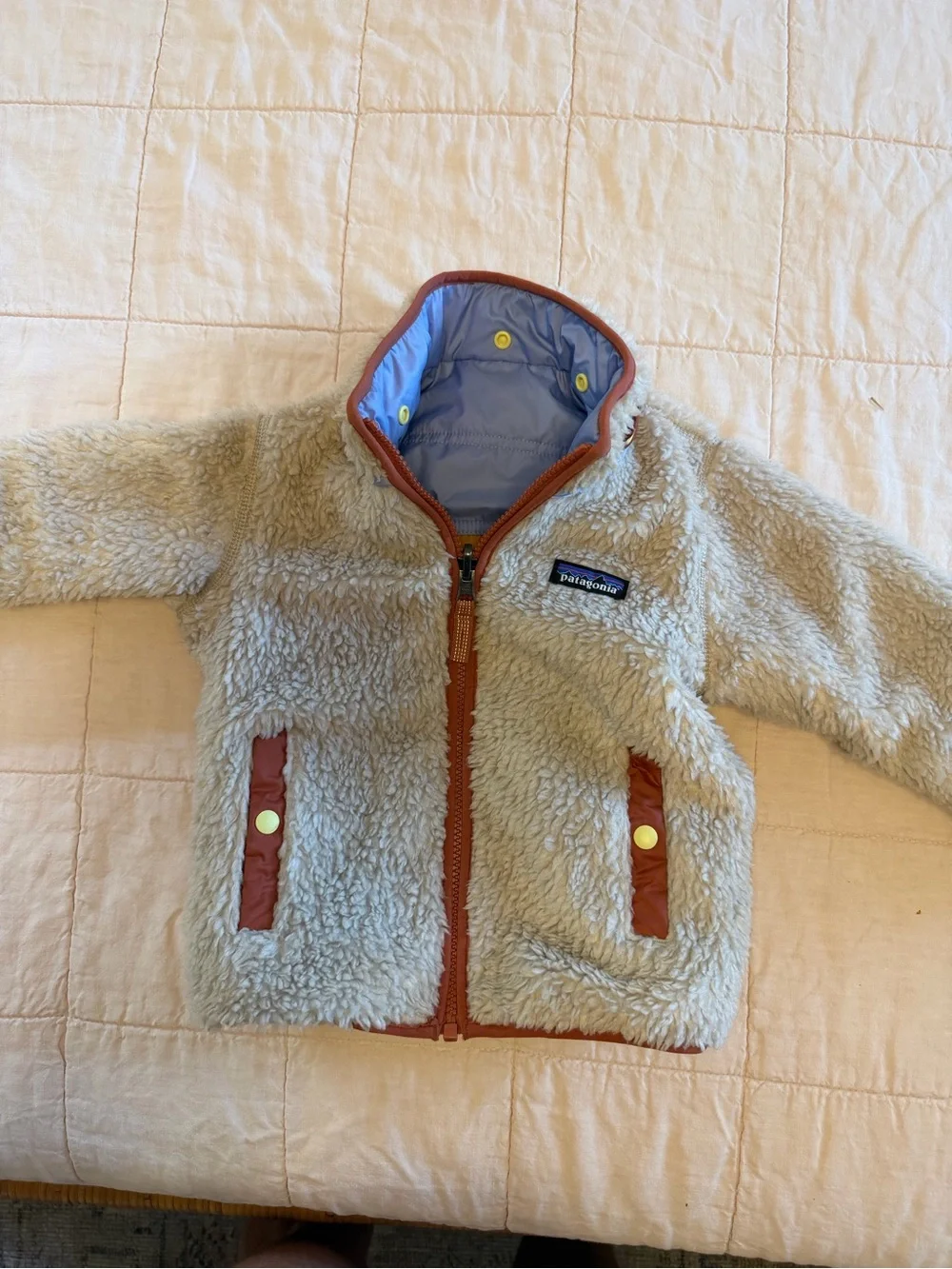 EUC Patagonia Colorblock Puffer Jacket in Light Blue & Mustard